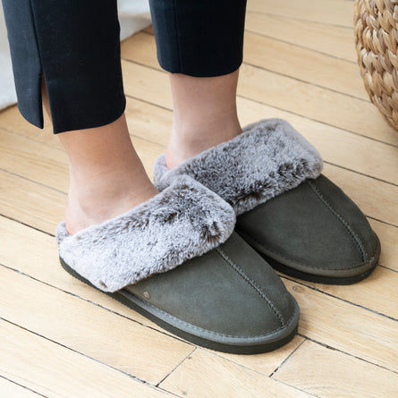 Zapatillas de casa chinelas cuero Mujer Caqui - Isotoner