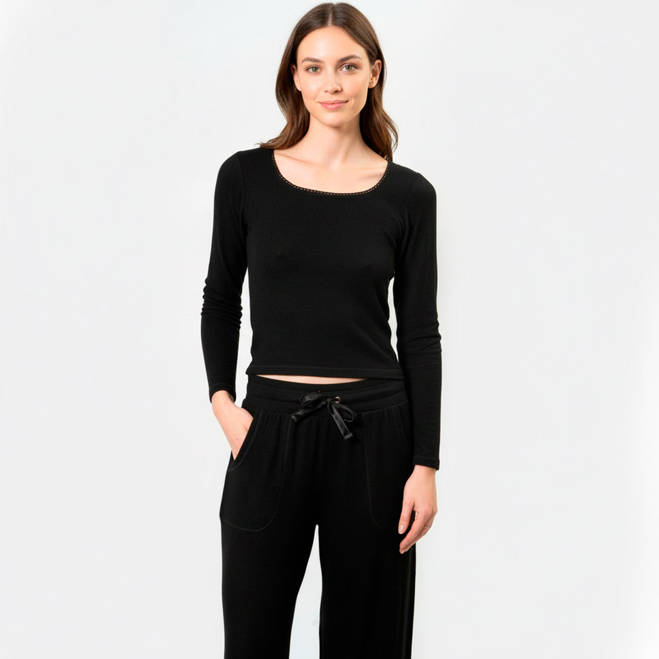 Camiseta de cuello cuadrado Mujer Negro