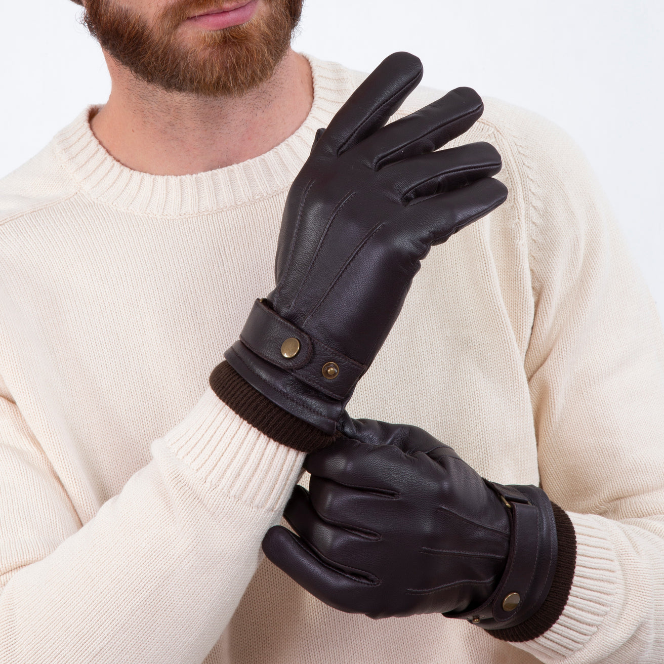 Guantes Hombre táctiles cuero correa de ajuste Marrón