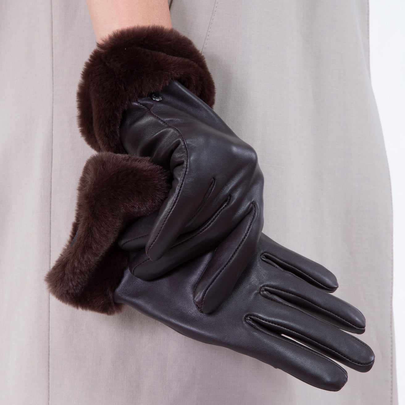 Guantes Mujer cuero bordes de piel Marrón