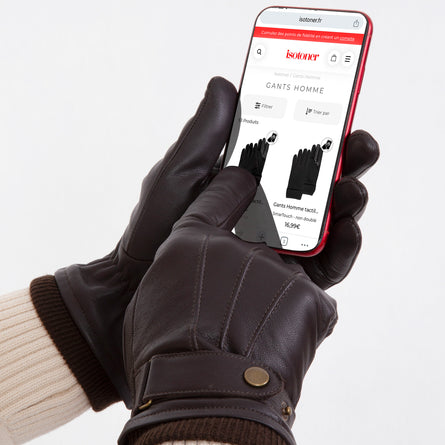 Guantes Hombre táctiles cuero correa de ajuste Marrón - Isotoner