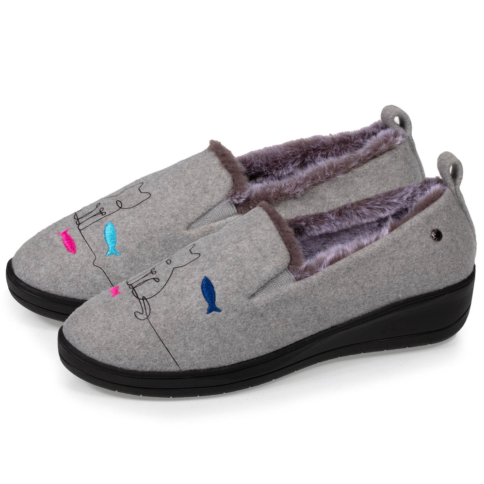 Zapatillas de casa slippers con tacón Mujer Gris fantasía gato - Isotoner