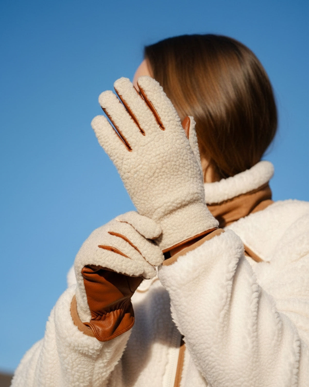 Guantes Mujer táctiles cuero cálido Sherpa/Coñac