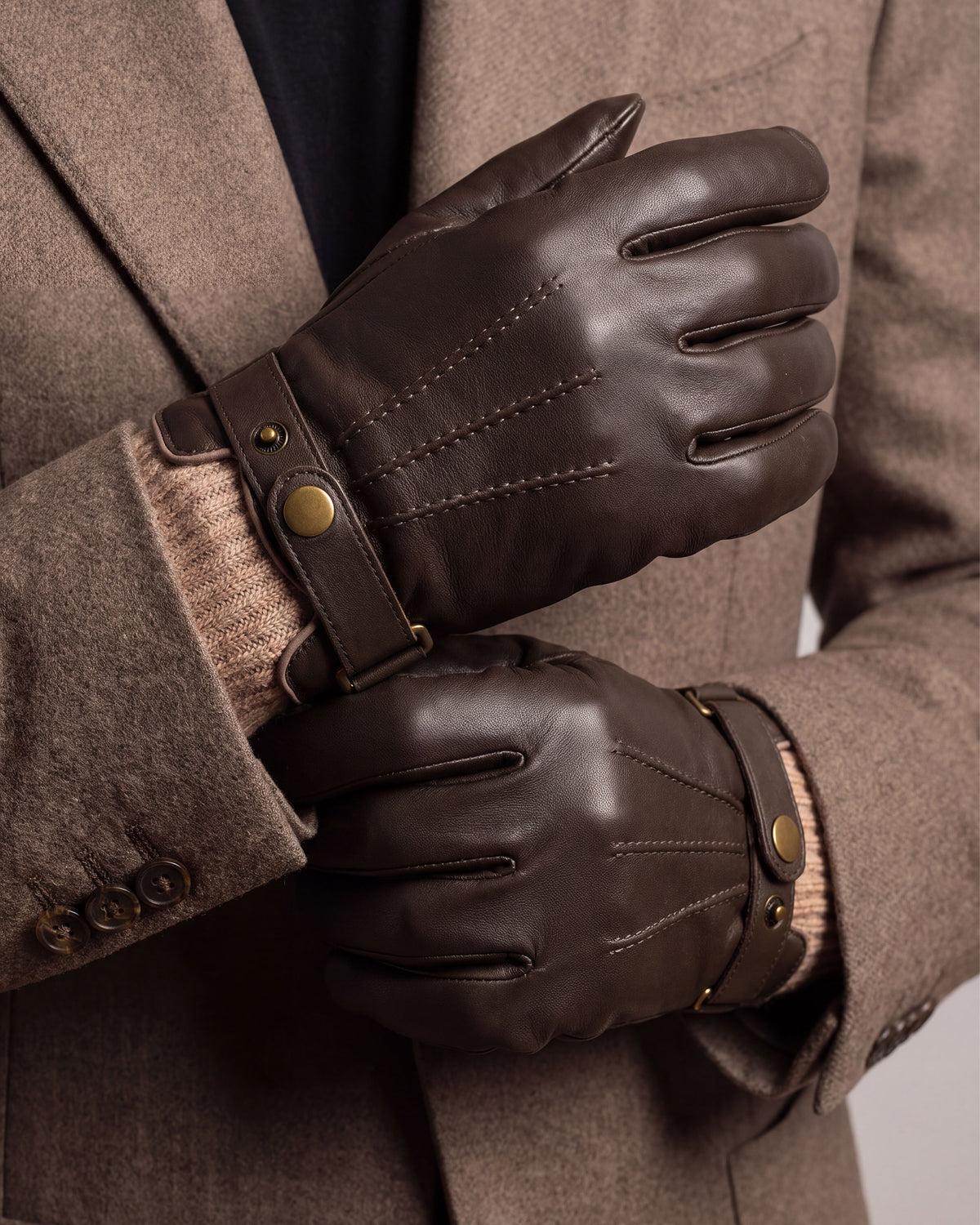 Guantes Hombre táctiles cuero puño de tejido Marrón