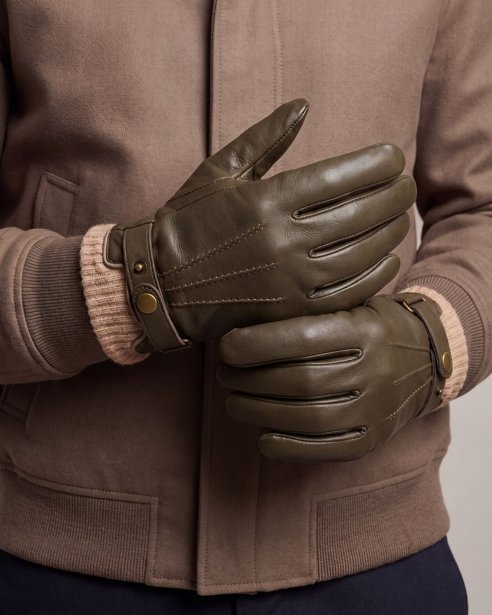 Guantes Hombre táctiles cuero/tejido Caqui - Isotoner