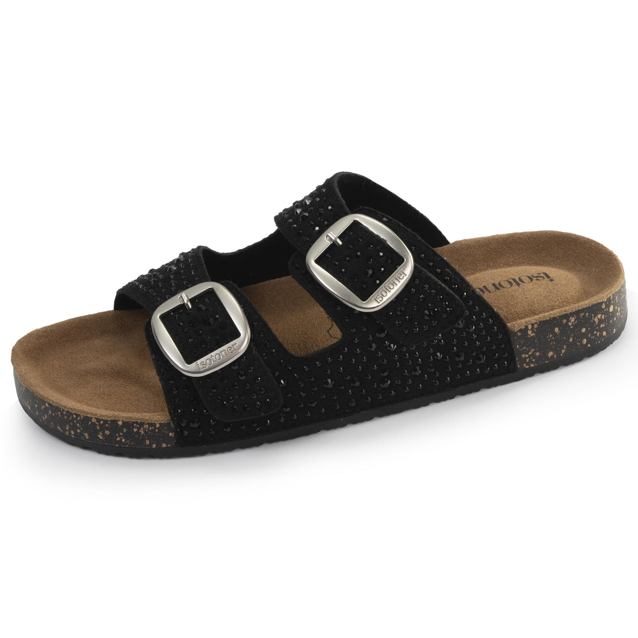 Mules sandalias Mujer Doble Correa Negro pedrería