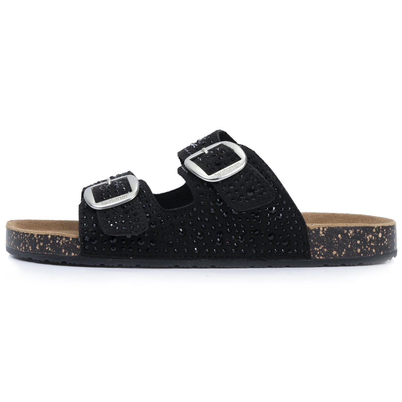 Mules sandalias Mujer Doble Correa Negro pedrería