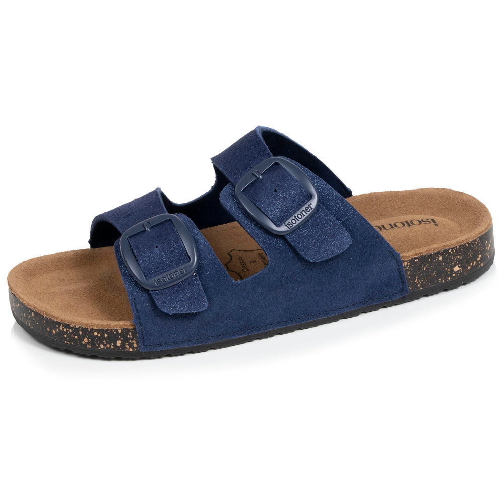 Mules sandalias Mujer Doble Correa cuero Azul oscuro - Isotoner