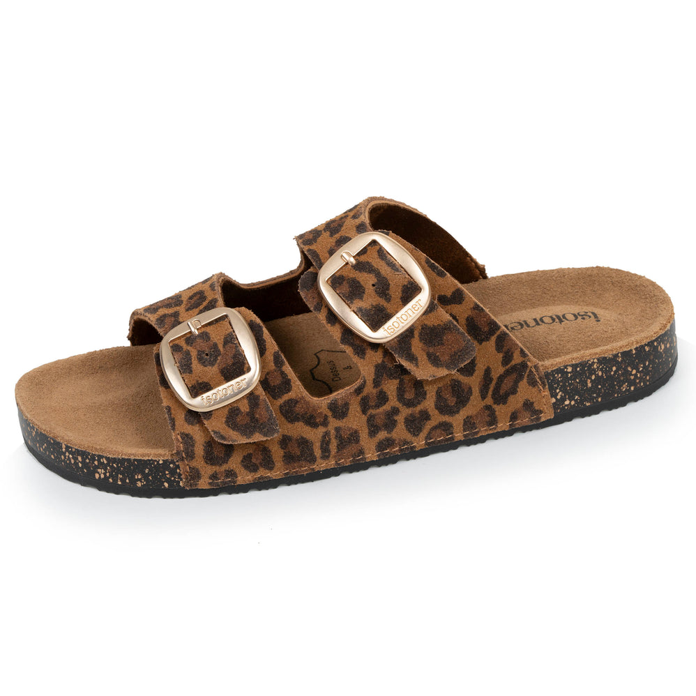 Mules sandalias Mujer Doble Correa cuero Camel leopardo - Isotoner