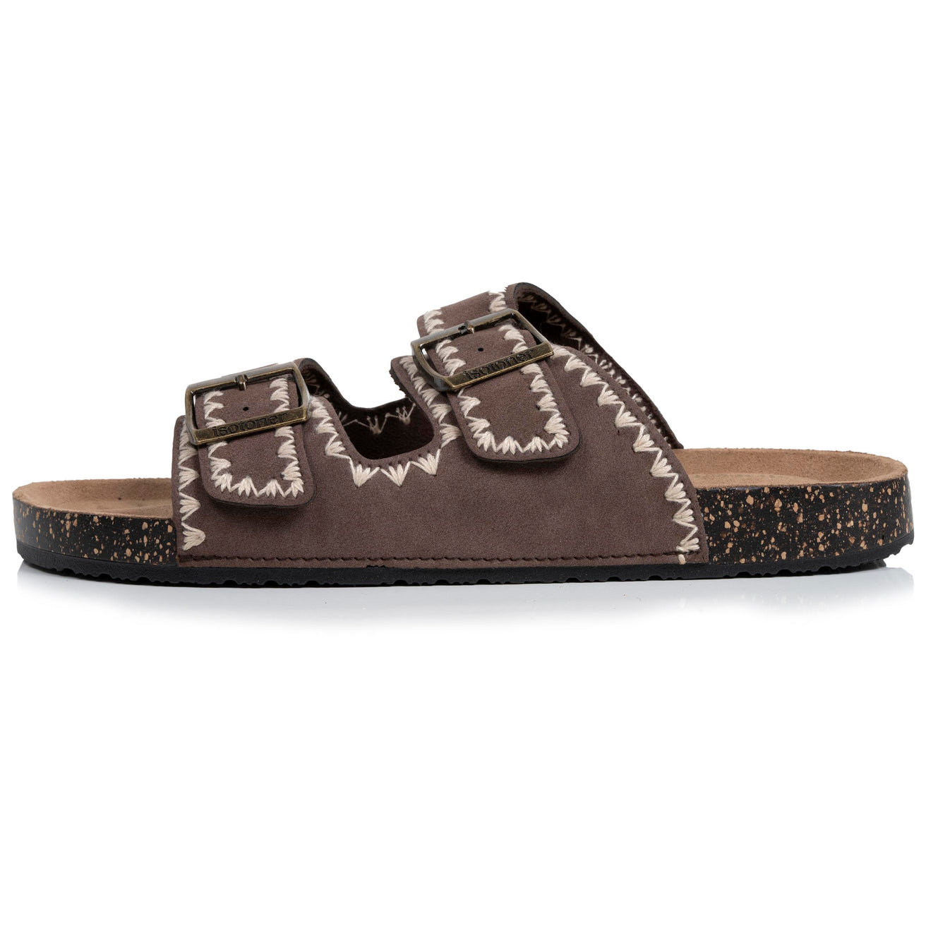 Mules sandalias Mujer Doble Correa Chocolate Bordado