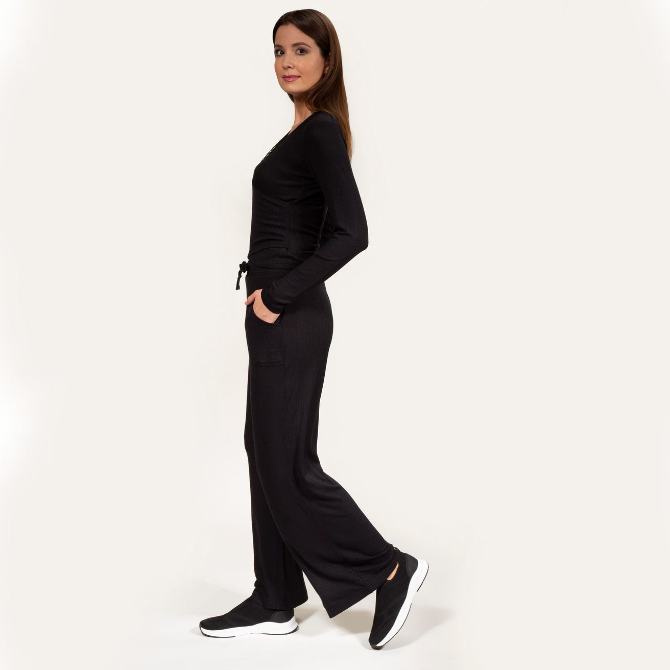 Pantalón largo Mujer malla acanalado Negro