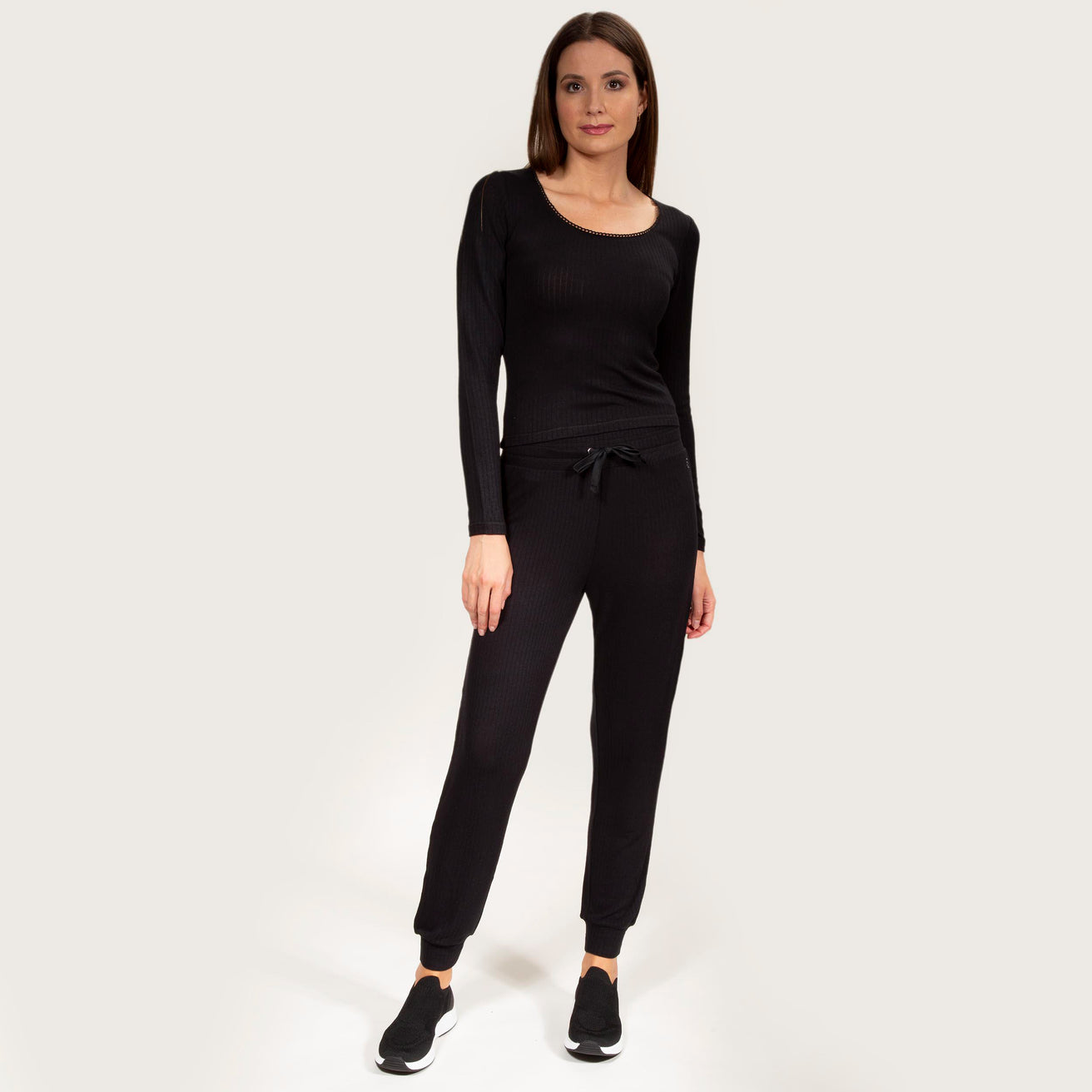 Pantalón jogger Mujer malla acanalado Negro