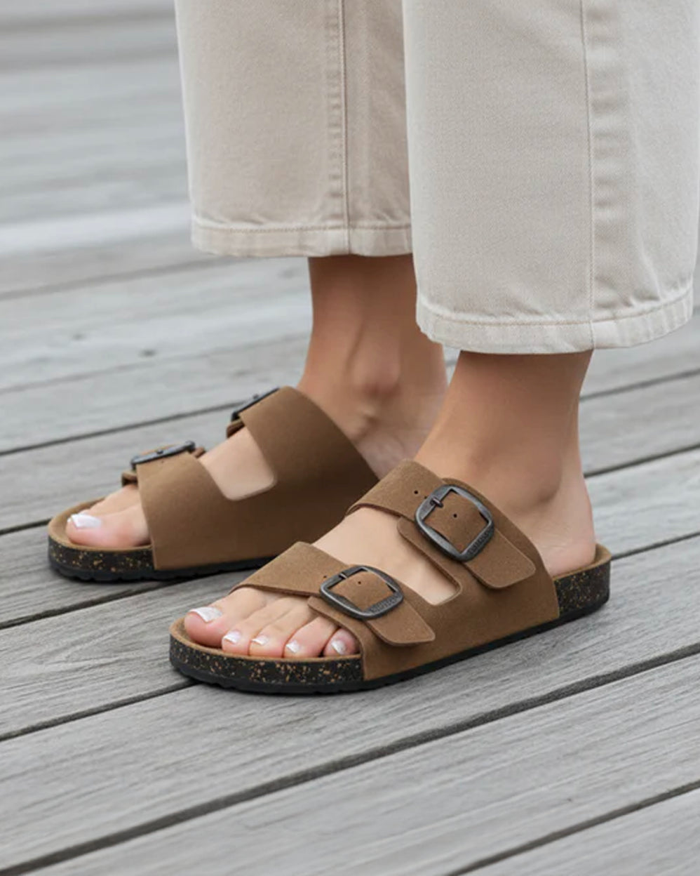 Mules sandalias Mujer Doble Correa cuero Camel - Isotoner