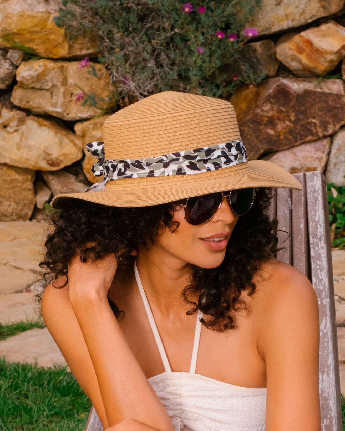 Sombrero Mujer Canotier pañuelo caqui corazón
