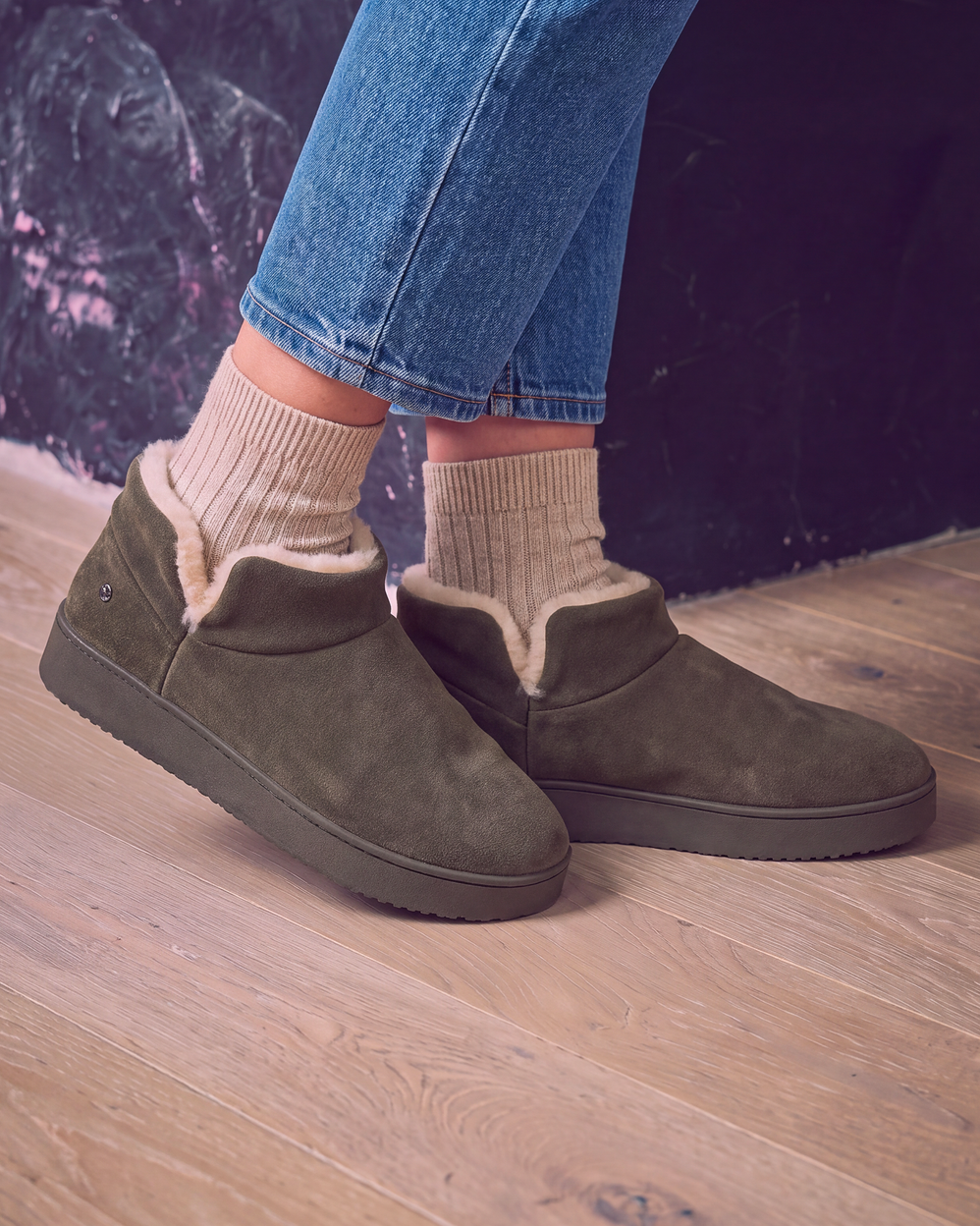 Zapatillas de casa botines cuero Mujer Caqui - Isotoner