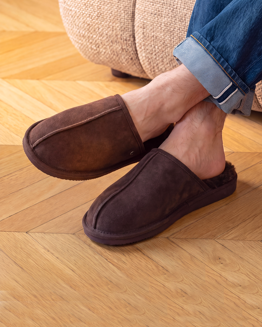 Zapatillas de casa chinelas Hombre Cuero Chocolate - Isotoner