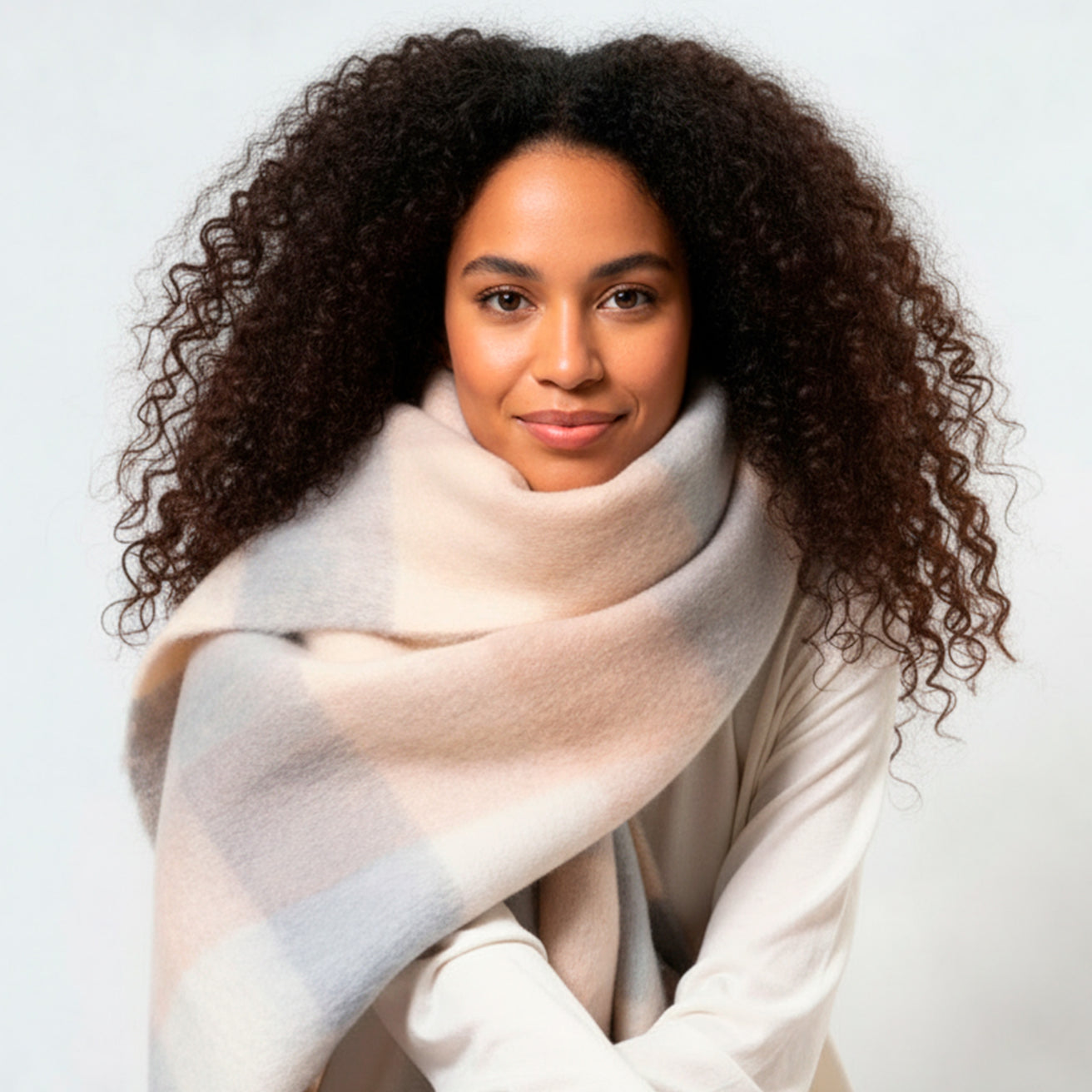 Bufanda Mujer de cuadros con flecos Beige/Gris
