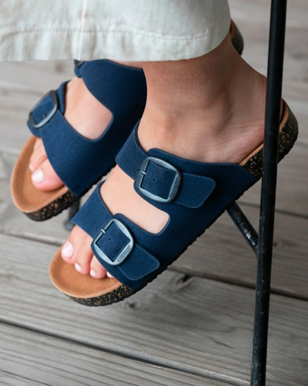 Mules sandalias Mujer Doble Correa cuero Azul oscuro - Isotoner