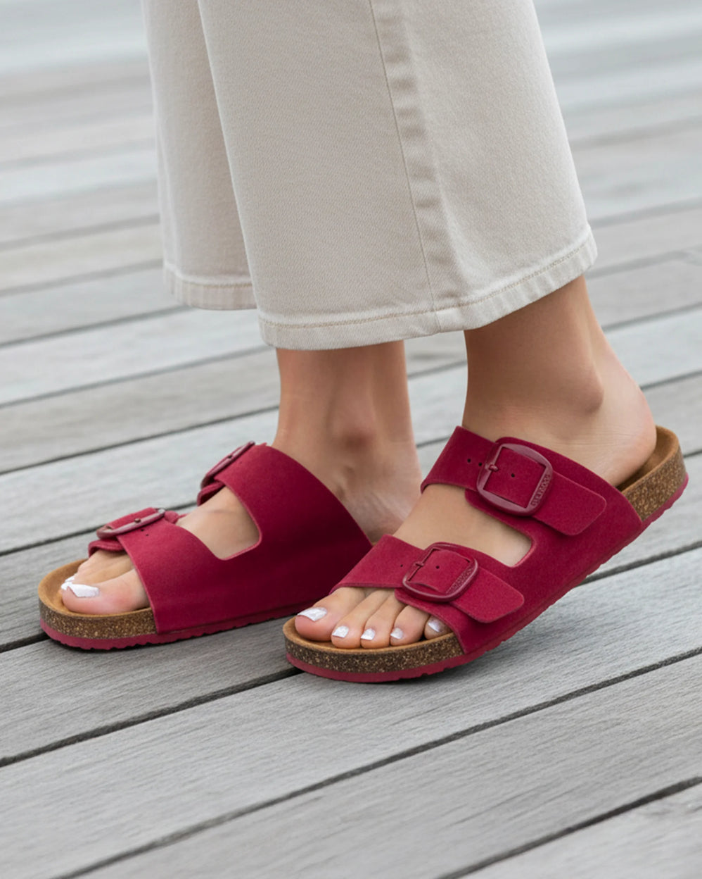 Mules sandalias Mujer Doble Correa cuero Frambuesa - Isotoner