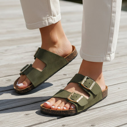 Mules sandalias Mujer Doble Correa Caqui - Isotoner