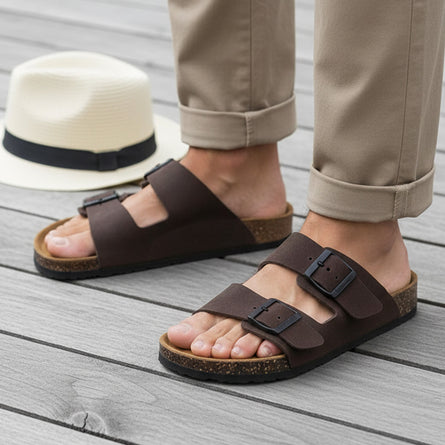 Mules sandalias Hombre Doble Correa cuero Marrón - Isotoner