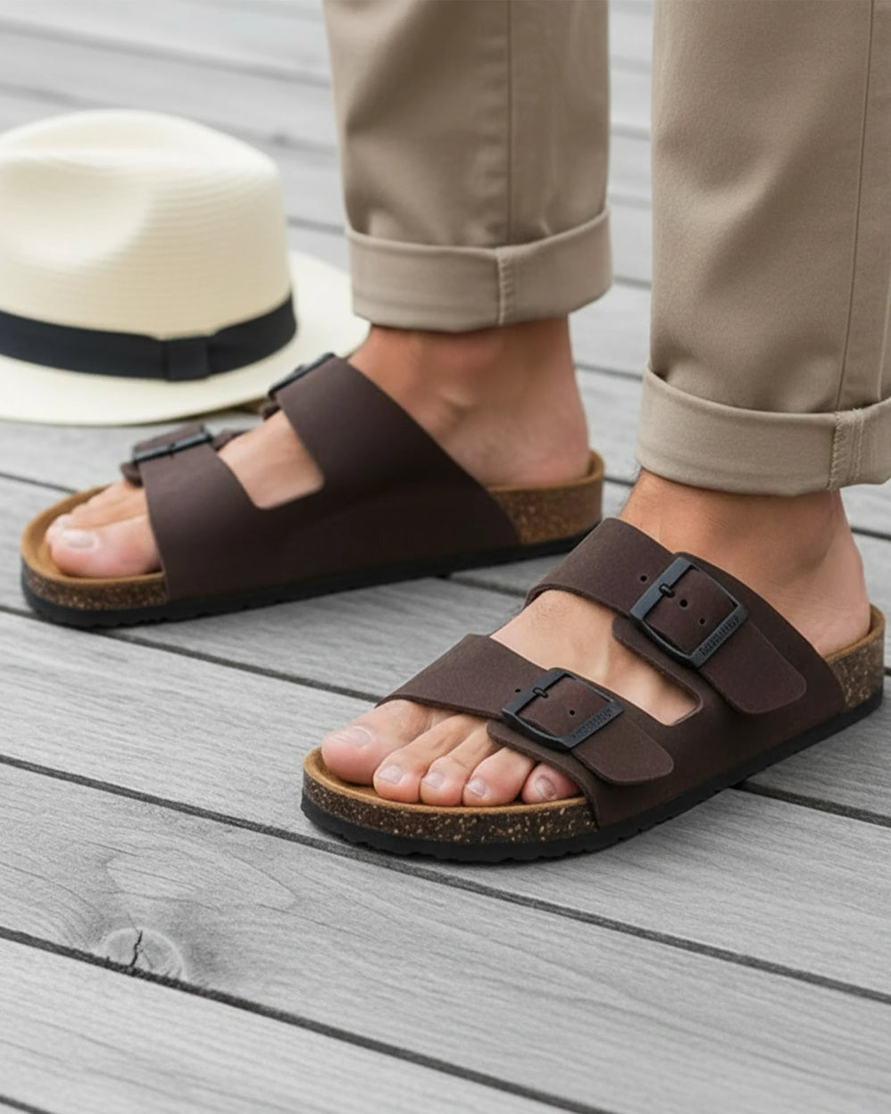 Mules sandalias Hombre Doble Correa cuero Marrón - Isotoner
