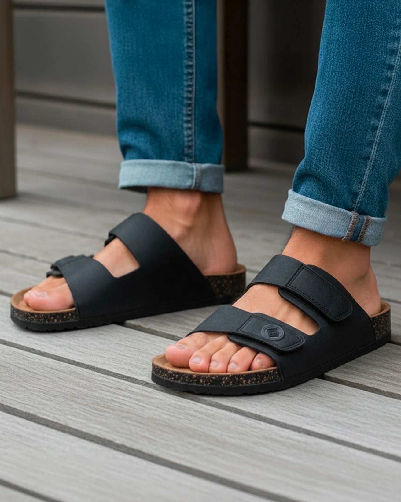 Mules sandalias Hombre Doble Correa Velcros Negro
