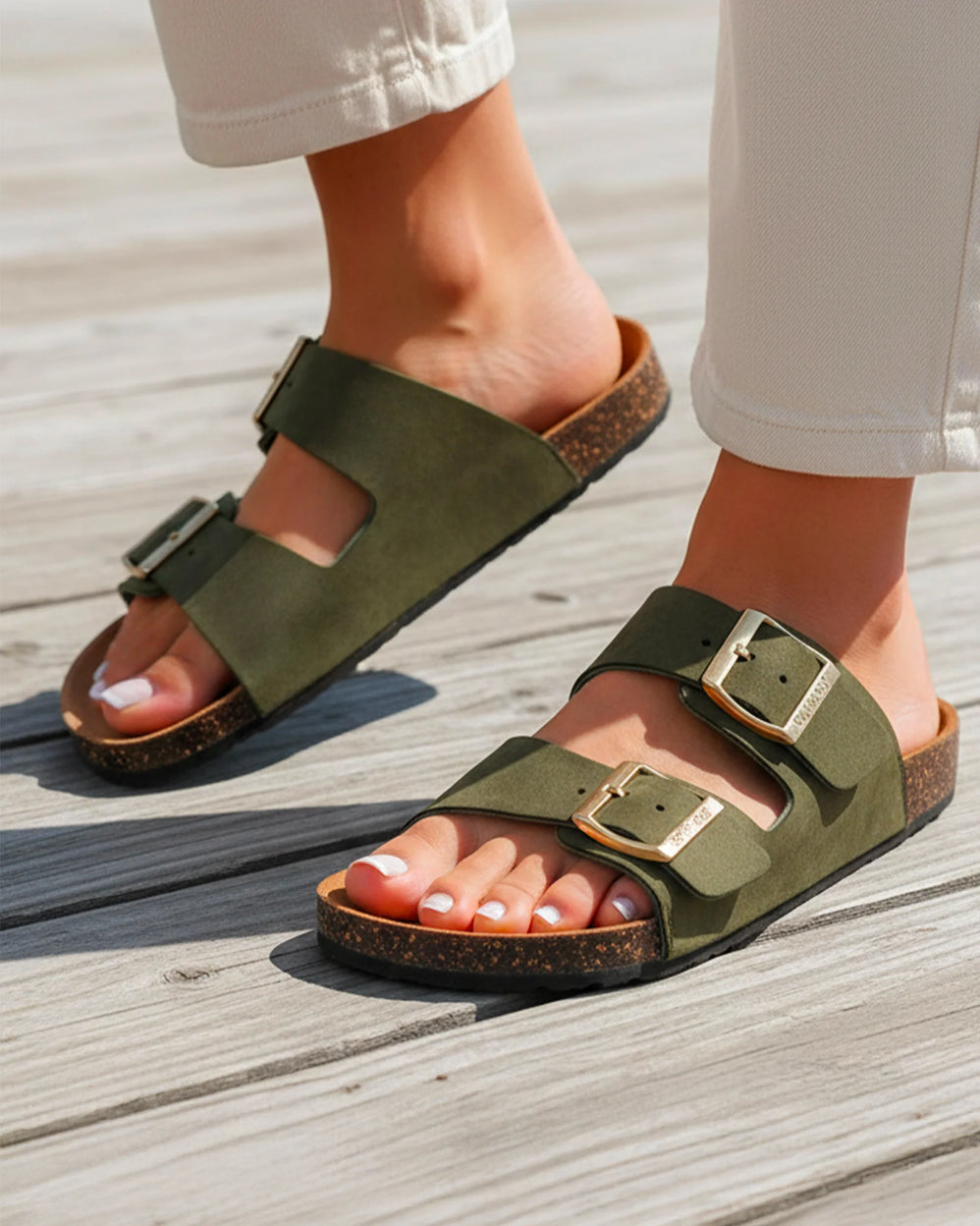 Mules sandalias Mujer Doble Correa Caqui - Isotoner