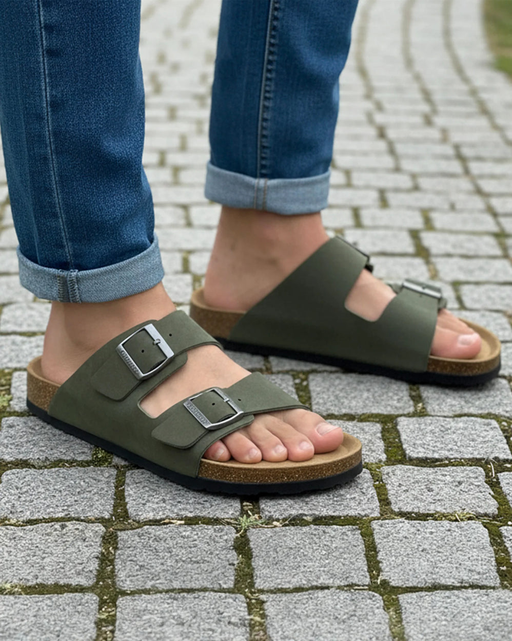 Mules sandalias Hombre Doble Correa Caqui - Isotoner