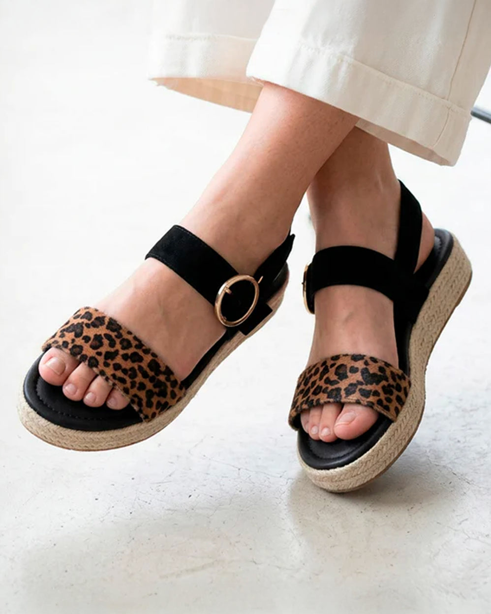 Sandalias Mujer Trenzadas Negro/Leopardo - Isotoner