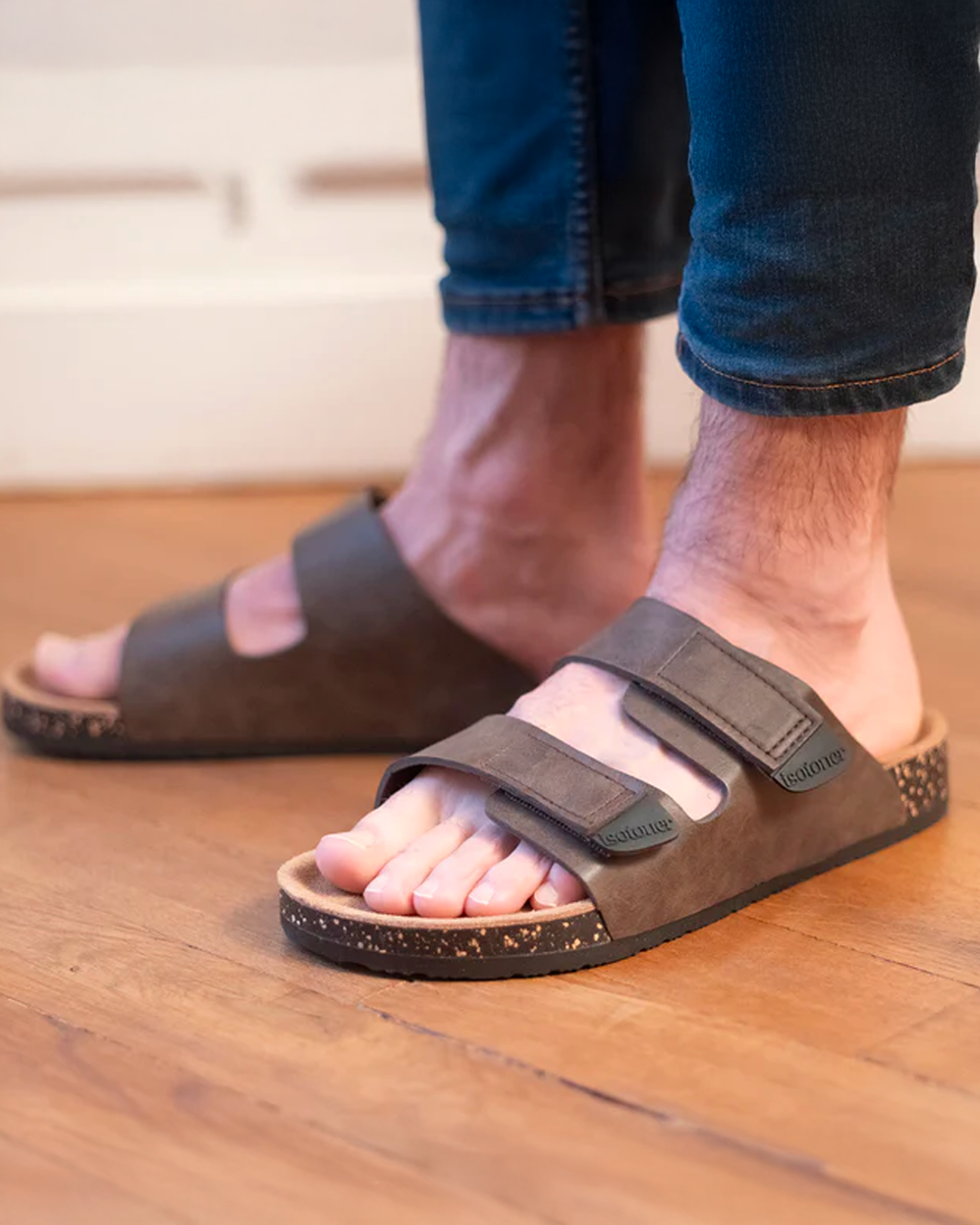 Mules sandalias Hombre Doble Correa velcro Marrón - Isotoner