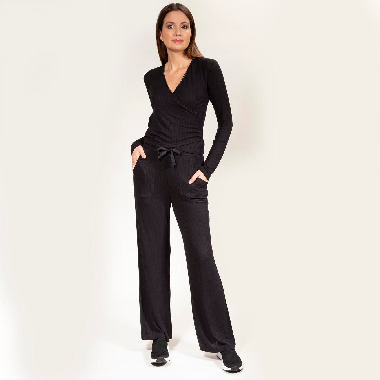 Pantalón largo Mujer malla acanalado Negro